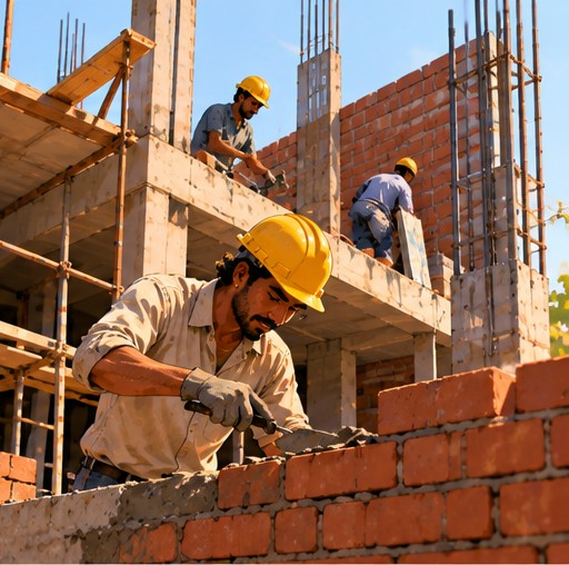 Bricklaying in progress on an upper floor