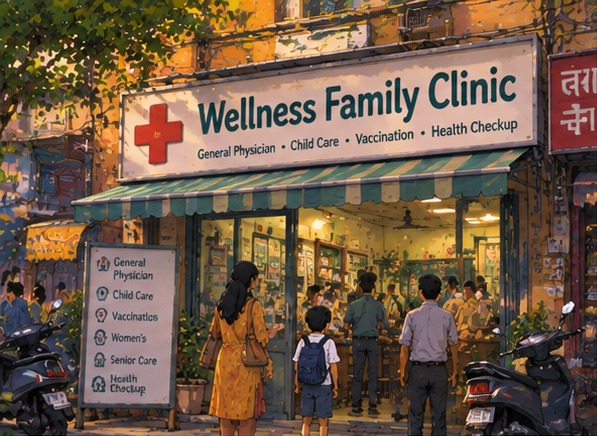The consultation room — every visit gets a full history review, not a rushed checkup.