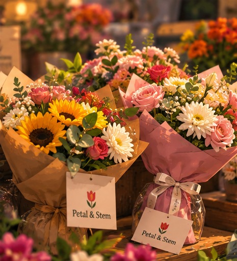 The arranging table — every bouquet is built by hand, never pre-made.