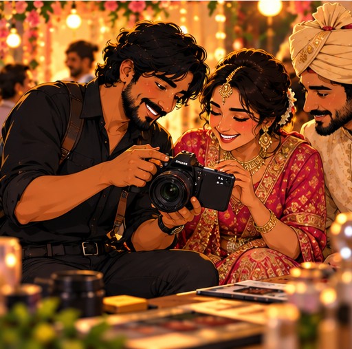 Reviewing shots with the couple on location