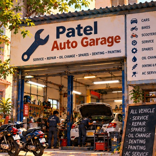 The garage floor, cars and bikes in for service